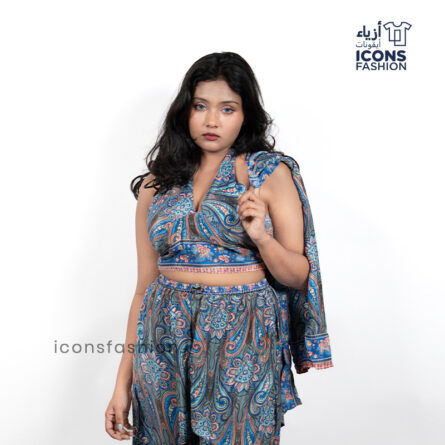 Women-blue-paisley-printed-dress-style-co-ord-set-with-crop-top-and-palazzo-pants-shrug