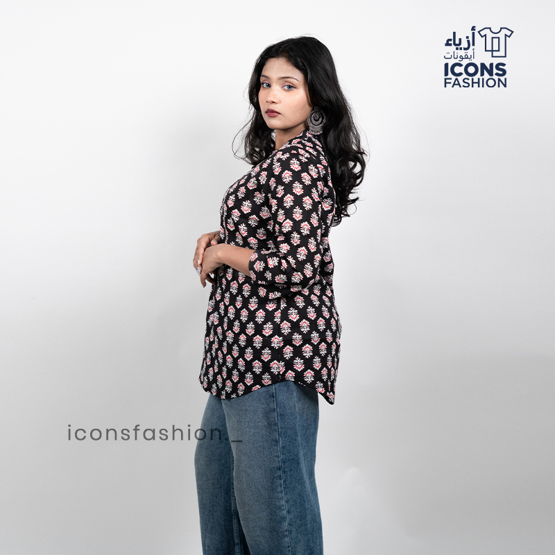 Women-black-floral-printed-tunic-style-top-with-mandarin-collar