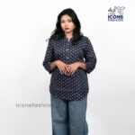Navy-blue-printed-tunic-top-with-three-quarter-sleeves-and-round-notched-neckline
