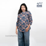 Blue-printed-tunic-top-with-three-quarter-sleeves-and-notched-neckline