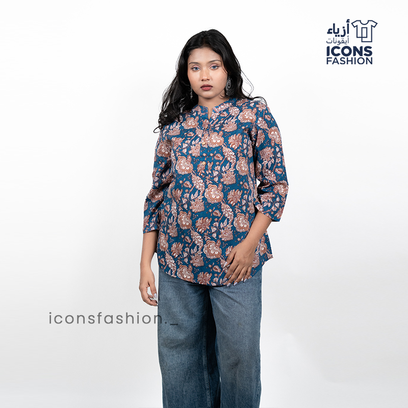 Blue-printed-tunic-top-with-three-quarter-sleeves-and-notched-neckline
