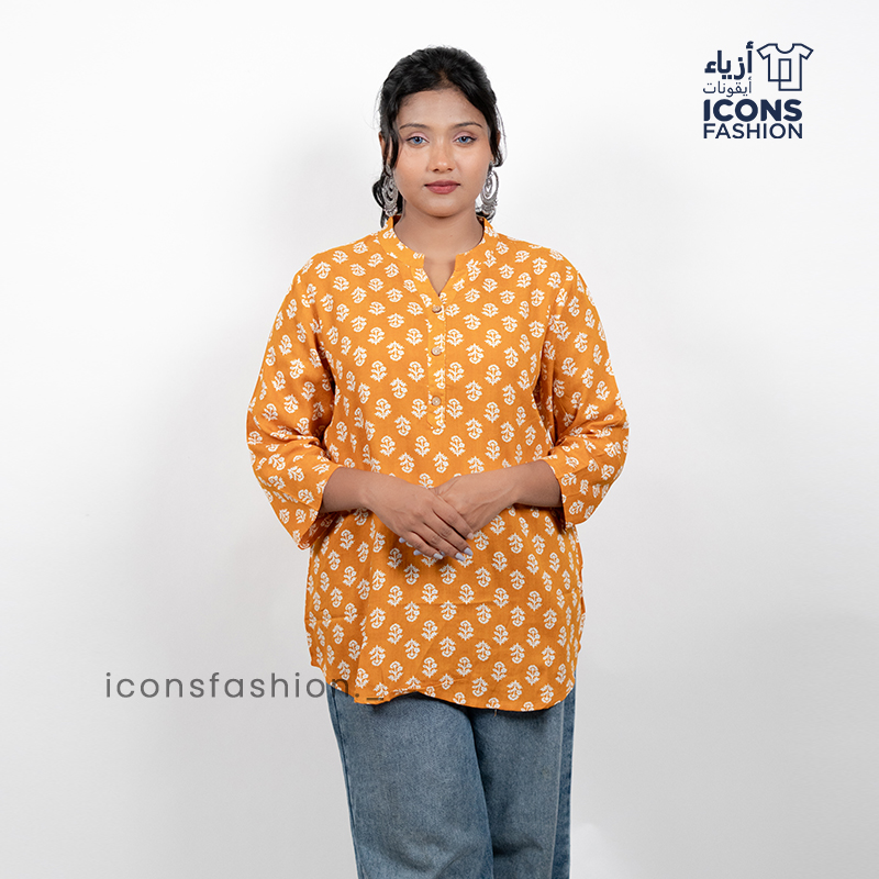 Mustard-yellow-printed-tunic-top-with-three-quarter-sleeves-and-notched-neckline