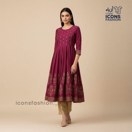 Woman-maroon-flared-anarkali-kurta-with-round-neck-three-quarter-sleeves-gold-printed-yoke-and-hem