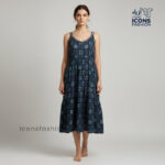Woman-navy-blue-printed-sleeveless-fit-and-flare-midi-dress-with-scoop-neck-and-flared-hem