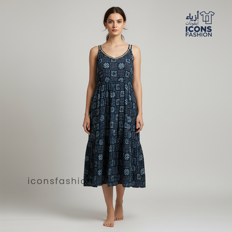 Woman-navy-blue-printed-sleeveless-fit-and-flare-midi-dress-with-scoop-neck-and-flared-hem
