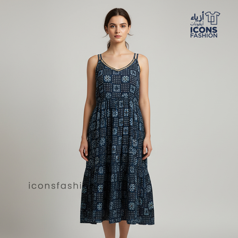 Woman-navy-blue-printed-sleeveless-fit-and-flare-midi-dress-with-scoop-neck-and-flared-hem
