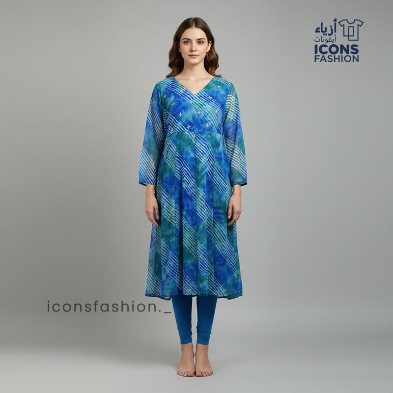 Woman-blue-printed-a-line-kurta-with-v-neck-and-three-quarter-sleeves