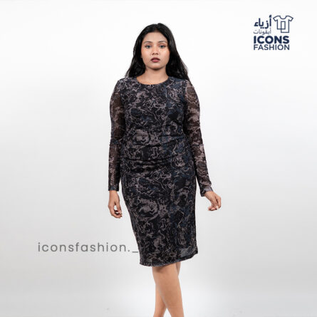 Woman-black-printed-bodycon-midi-dress-with-round-neck-and-sheer-long-sleeves