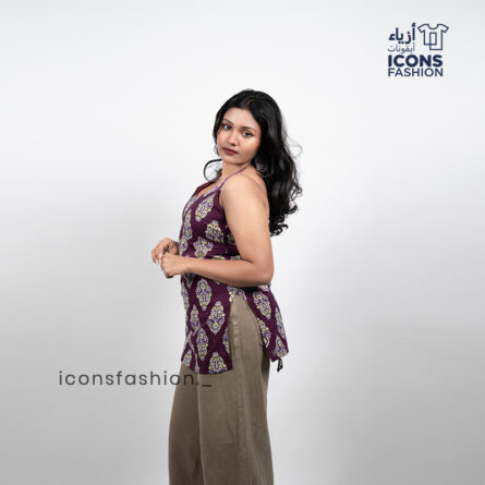Woman-purple-printed-sleeveless-halter-neck-kurta-with-straight-silhouette