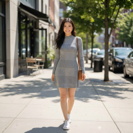 Women-grey-micro-check-long-sleeve-fit-dress-with-back-zip-closure