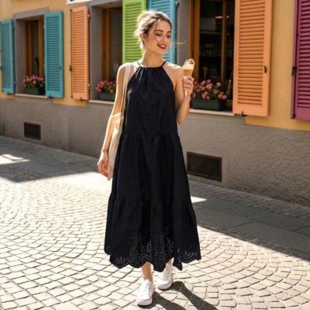 Women-black-sleeveless-halter-neck-tiered-midi-dress-with-eyelet-hem