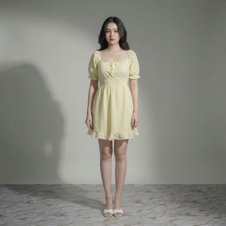 Women-yellow-eyelet-mini-dress-with-square-neck-puff-sleeves-smocked-waist-and-fit-and-flare-silhouette