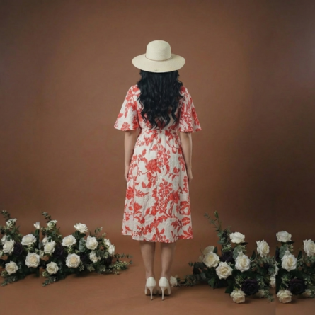 Women-dress-with-red-floral-print-v-neck-short-sleeves-and-a-line-silhouette