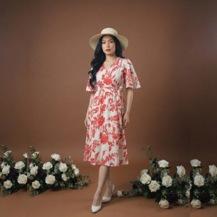 Women-dress-with-red-floral-print-v-neck-short-sleeves-and-a-line-silhouette