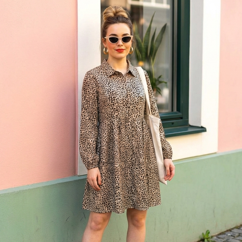 Womens-leopard-print-casual-dress-with-flared-silhouette-and-shirt-collar