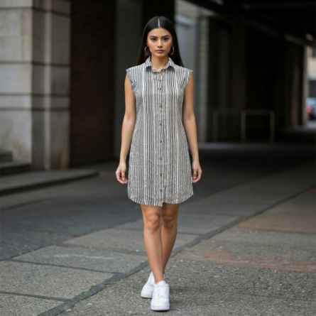 Black-and-white-vertical-striped-sleeveless-shirt-dress-with-collar-and-button-down-front