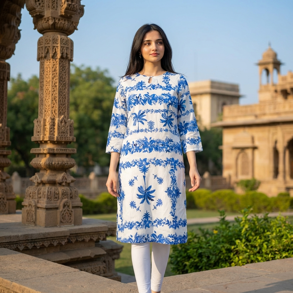 Women-blue-printed-kurta-with-three-quarter-sleeves-and-round-neck