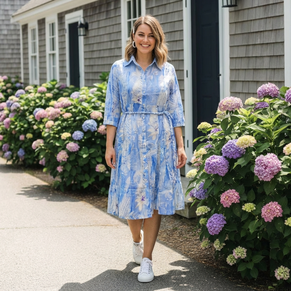 Women-blue-printed-shirt-dress-with-belt-and-three-quarter-sleeves