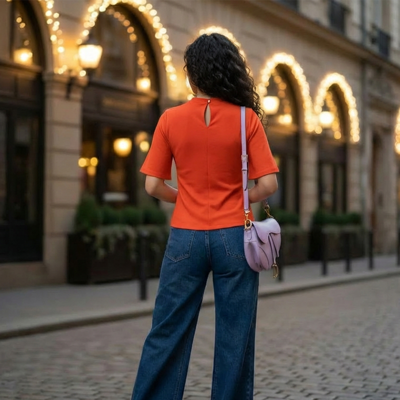 Women-orange-solid-T-shirt-top-with-short-sleeves-and-crew-neck