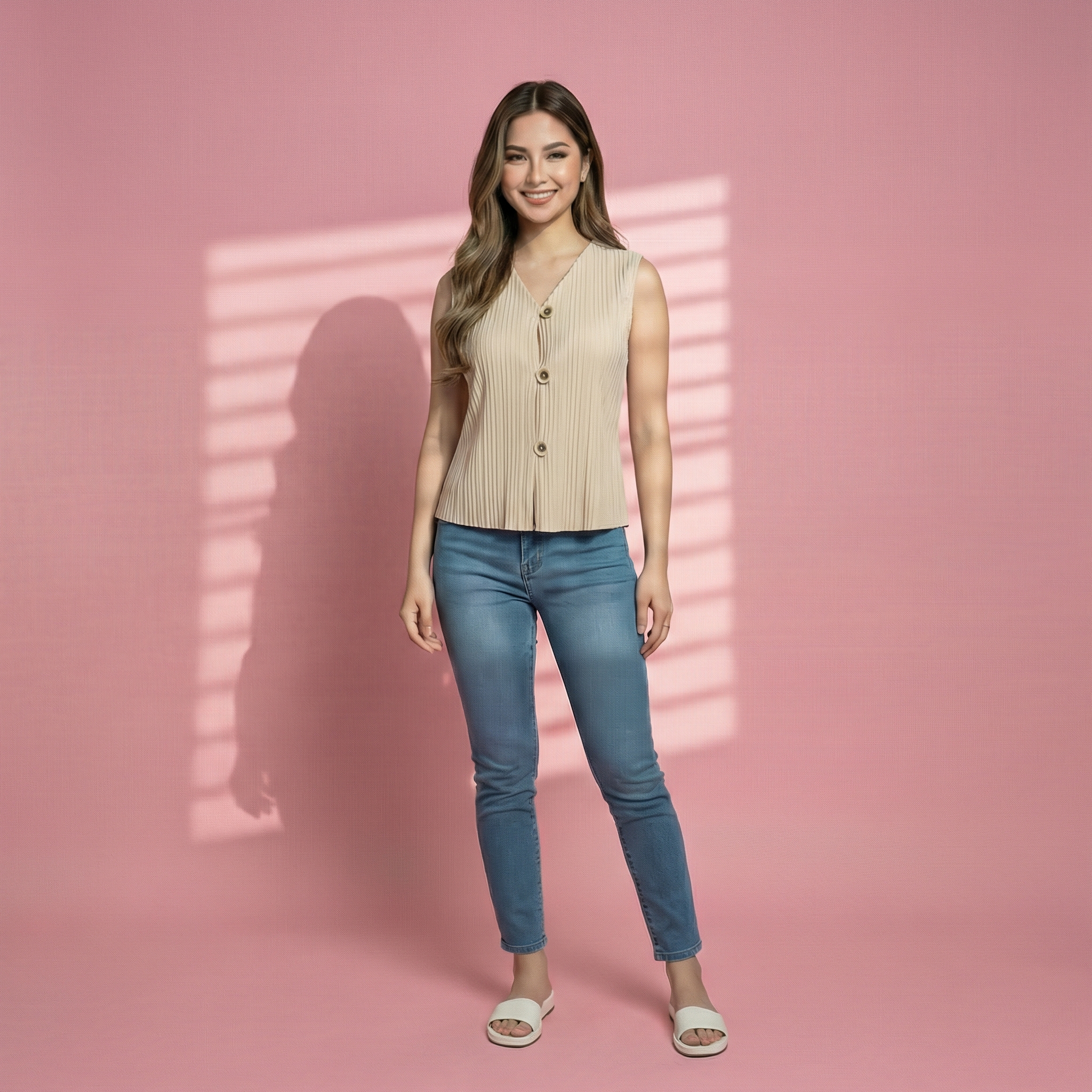Beige-ribbed-V-neck-sleeveless-button-front-women's-top