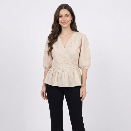 Beige-wrap-style-peplum-top-front