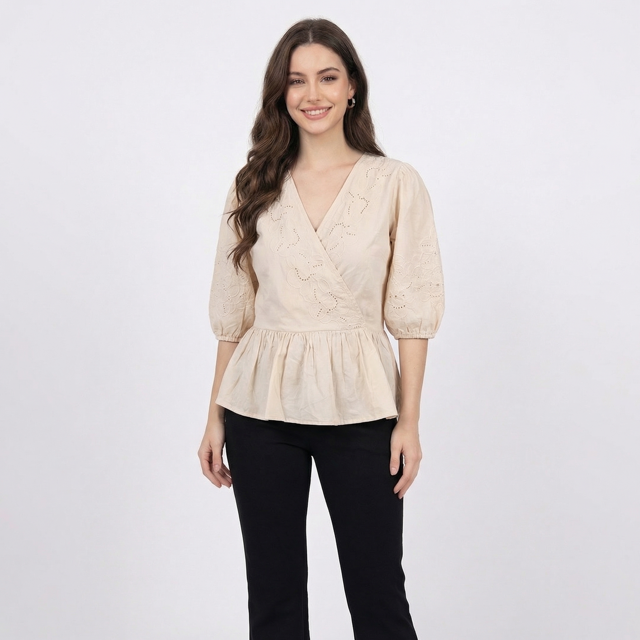 Beige-wrap-style-peplum-top-front