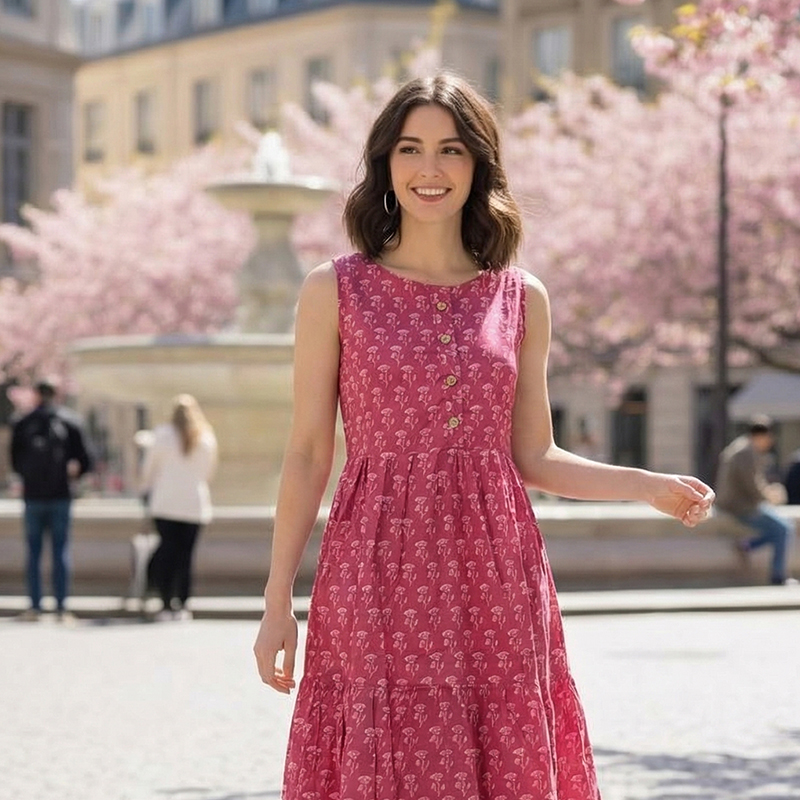 Pink-printed-sleeveless-round-neck-midi-dress