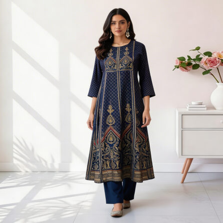 Navy-blue-ethnic-printed-A-line-kurta-dress