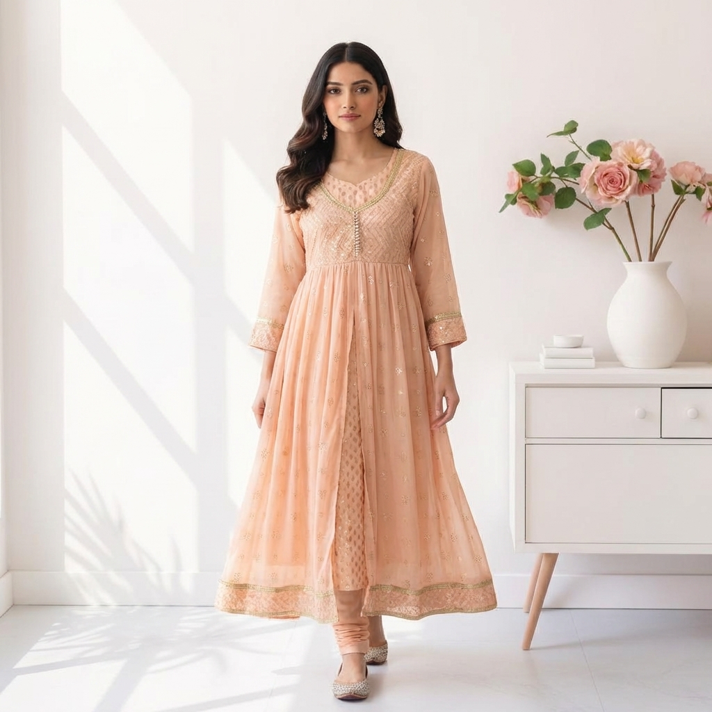 Peach-embroidered-Anarkali-kurta-dress-with-layered-design