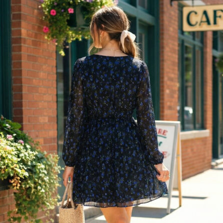 Women-black-floral-v-neck-long-sleeve-mini-dress-for-women-casual-day-dress