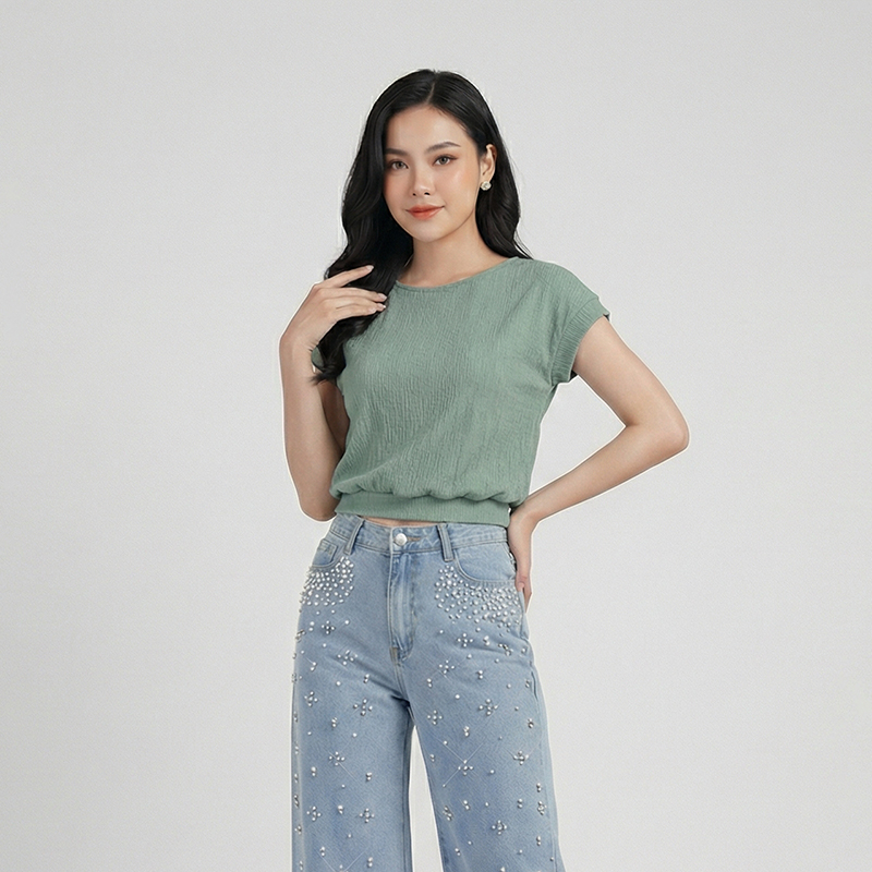 Sage-green-textured-cap-sleeve-round-neck-top-for-women