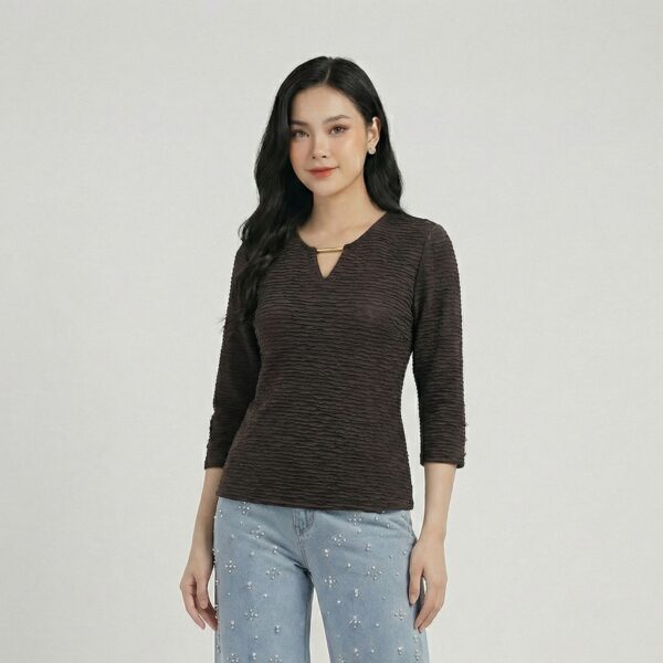 Brown-textured-three-quarter-sleeve-keyhole-neck-top-for-women