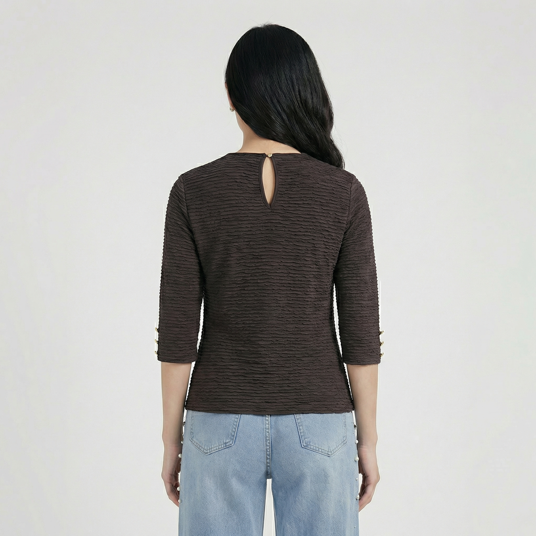Brown-textured-three-quarter-sleeve-keyhole-neck-top-for-women