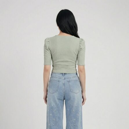 Sage-green-ribbed-V-neck-puff-sleeve-crop-top-for-women