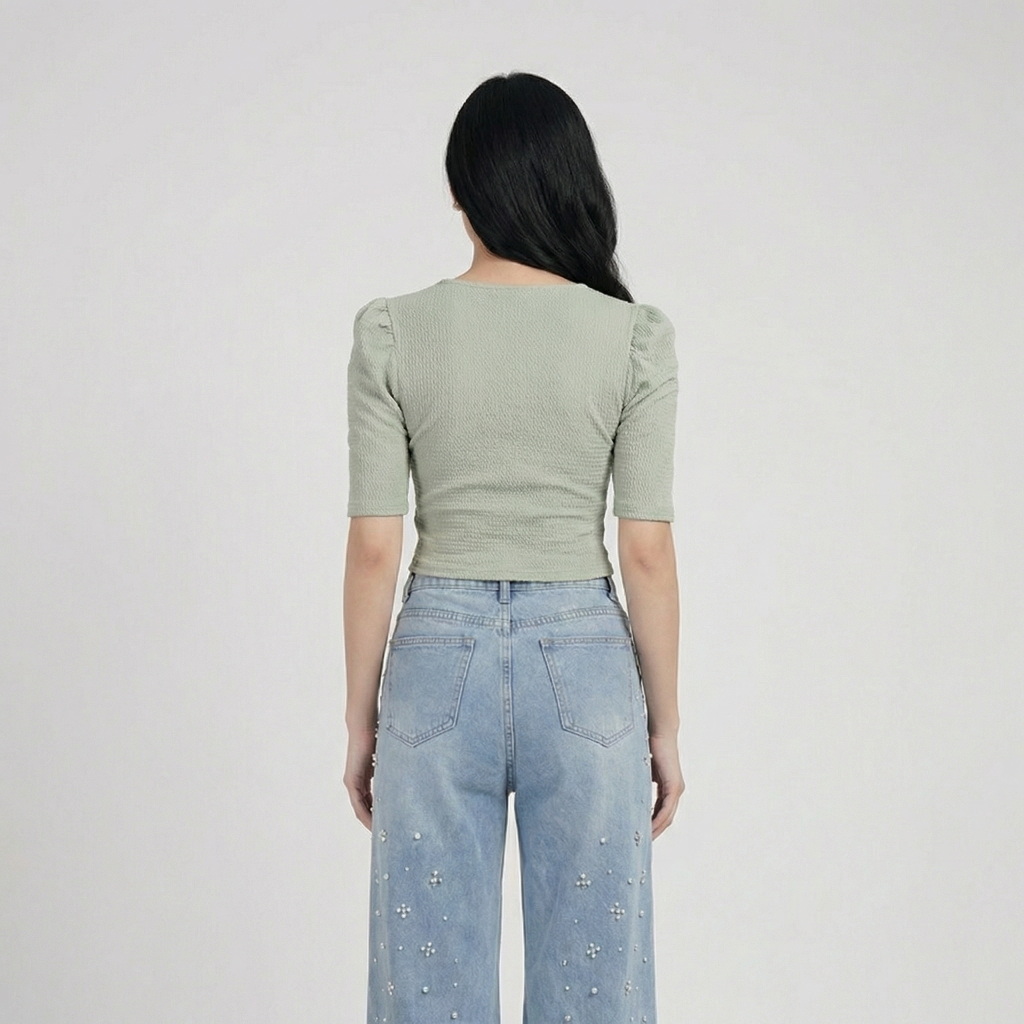 Sage-green-ribbed-V-neck-puff-sleeve-crop-top-for-women