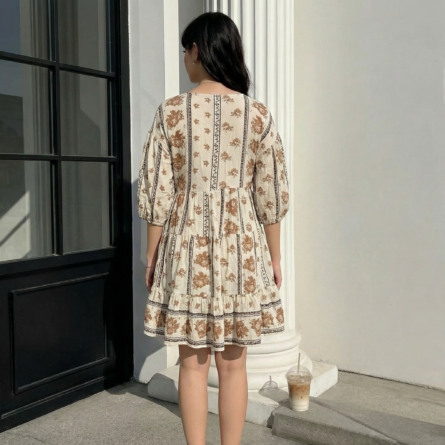 Beige-floral-print-puff-sleeve-v-neck-mini-dress-for-women