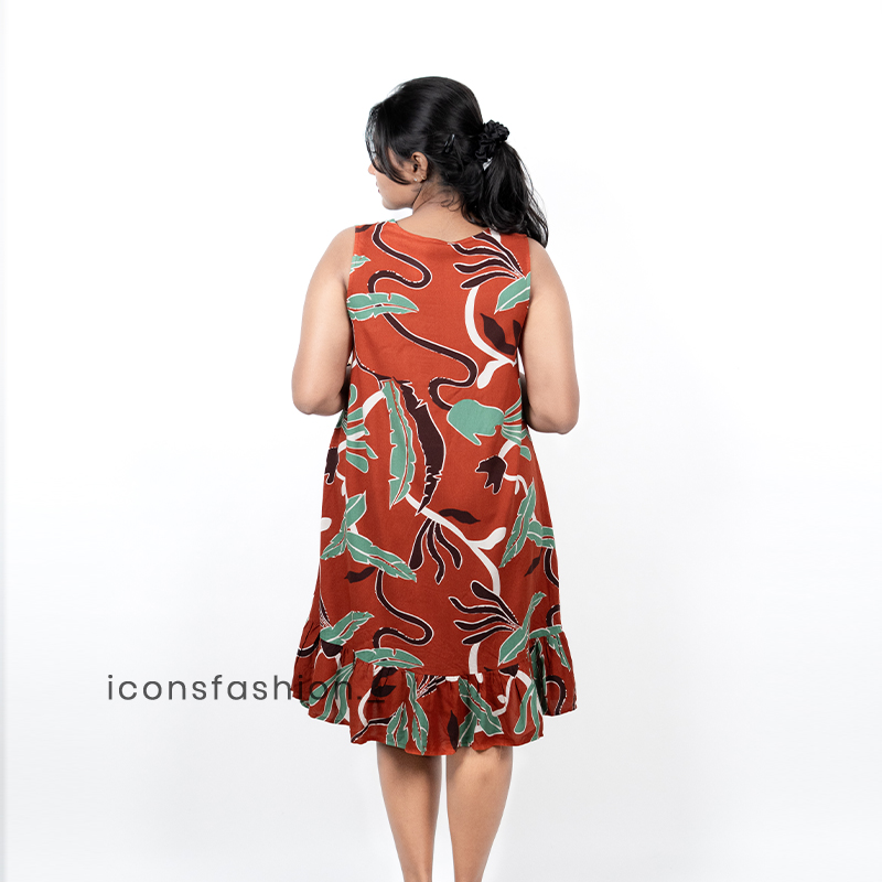 Brown-floral-printed-sleeveless-mini-dress-with-V-neck-and-ruffle-hem