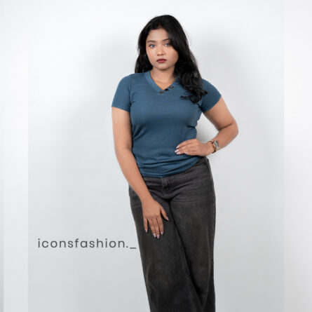 Blue-ribbed-button-neck-short-sleeve-top