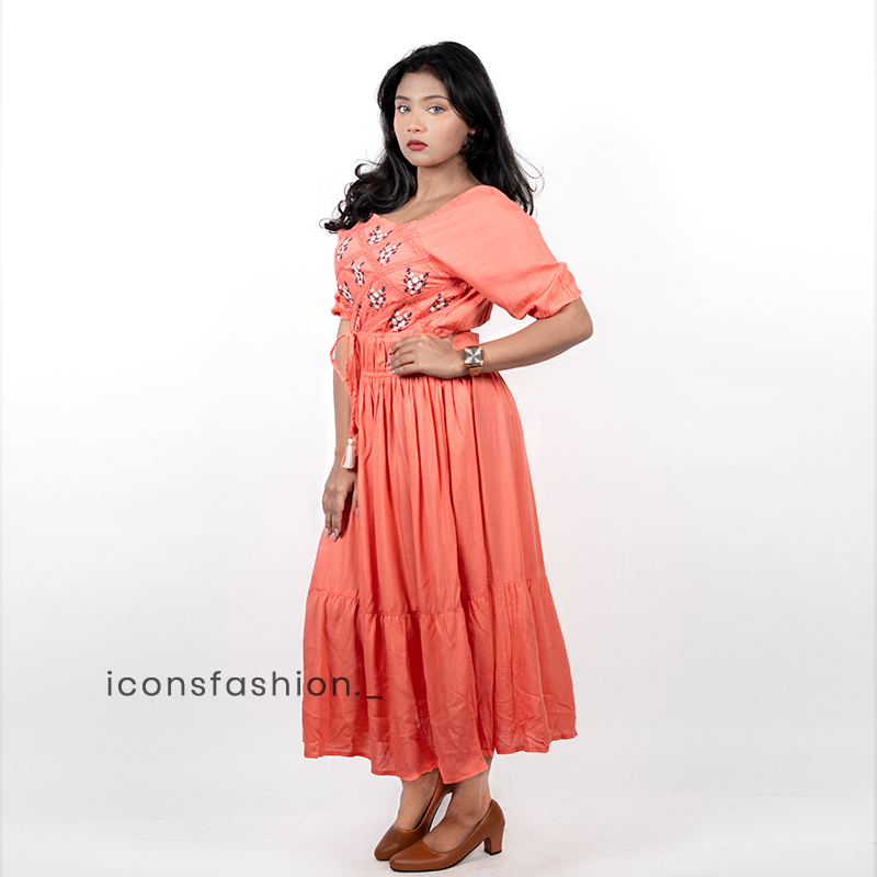 Coral-embroidered-puff-sleeve-midi-dress-with-tie-waist