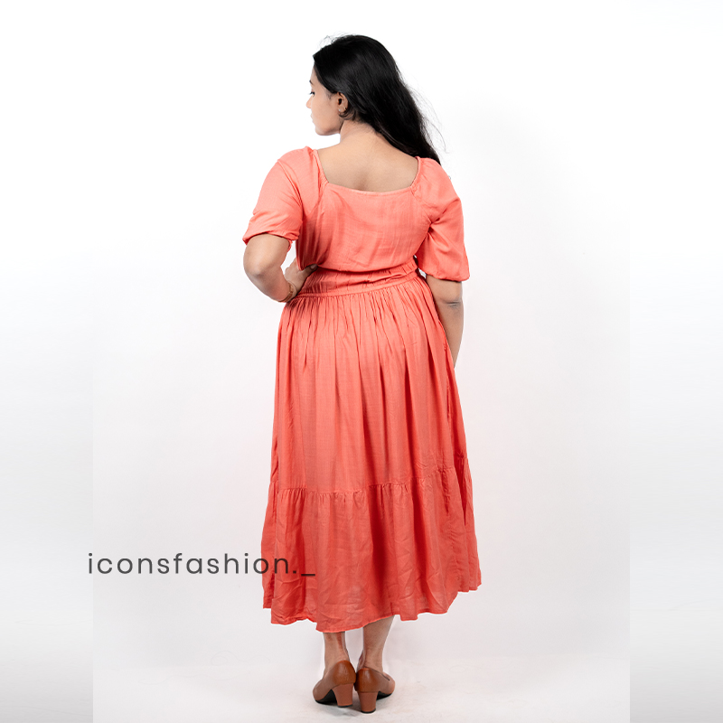Coral-embroidered-puff-sleeve-midi-dress-with-tie-waist