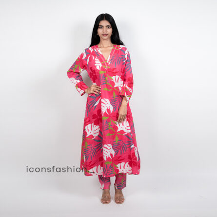 Women’s-pink-print-kurta-set-with-V-neck-and-Full-sleeves