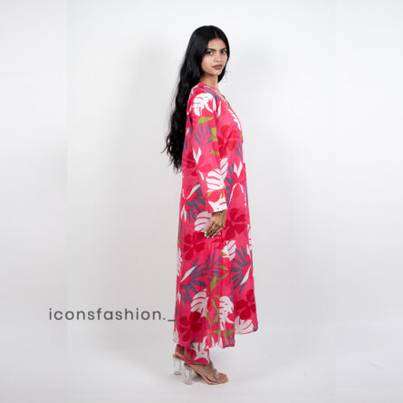 Women’s-pink-print-kurta-set-with-V-neck-and-Full-sleeves
