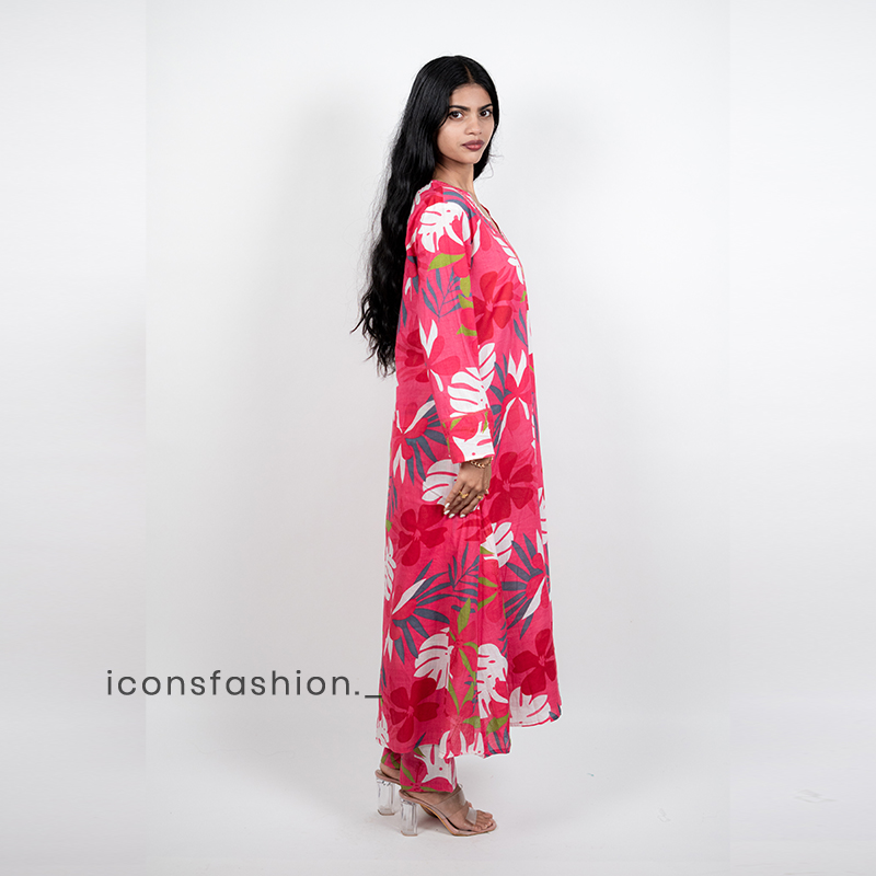 Women’s-pink-print-kurta-set-with-V-neck-and-Full-sleeves