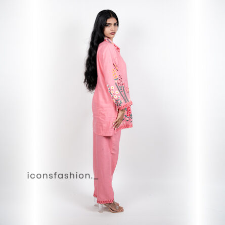 Women’s-pink-embroidered-co-ord-set-with-shirt-style-top-and-straight-pants
