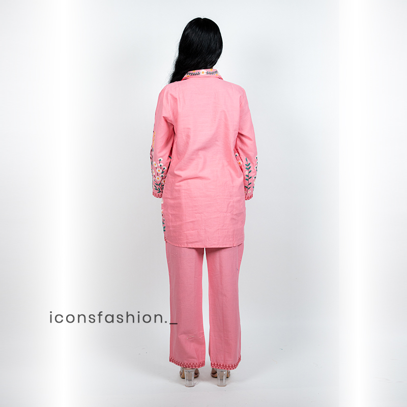 Women’s-pink-embroidered-co-ord-set-with-shirt-style-top-and-straight-pants