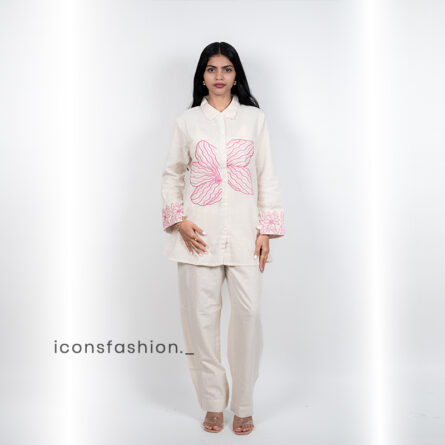 Women’s-off-white-co-ord-set-with-embroidered-and-shirt-style-top-and-pants