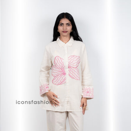 Women’s-off-white-co-ord-set-with-embroidered-and-shirt-style-top-and-pants