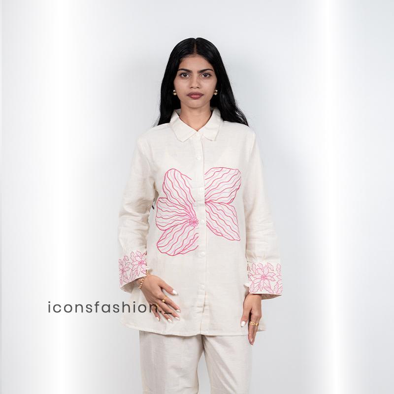 Women’s-off-white-co-ord-set-with-embroidered-and-shirt-style-top-and-pants