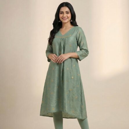 Women’s-sage-green-A-line-kurta-dress-with-gold-motif-print-and-V-neck