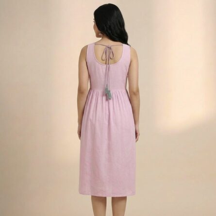 Women-pink-midi-dress-with-embroidered-yoke-and-sleeveless-design